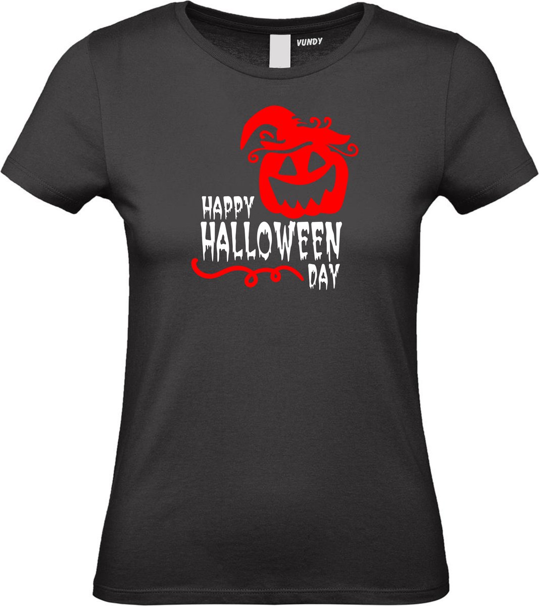 Dames t-shirt Happy Halloween Day | Halloween kostuum kind dames heren | verkleedkleren meisje jongen | Zwart | maat M